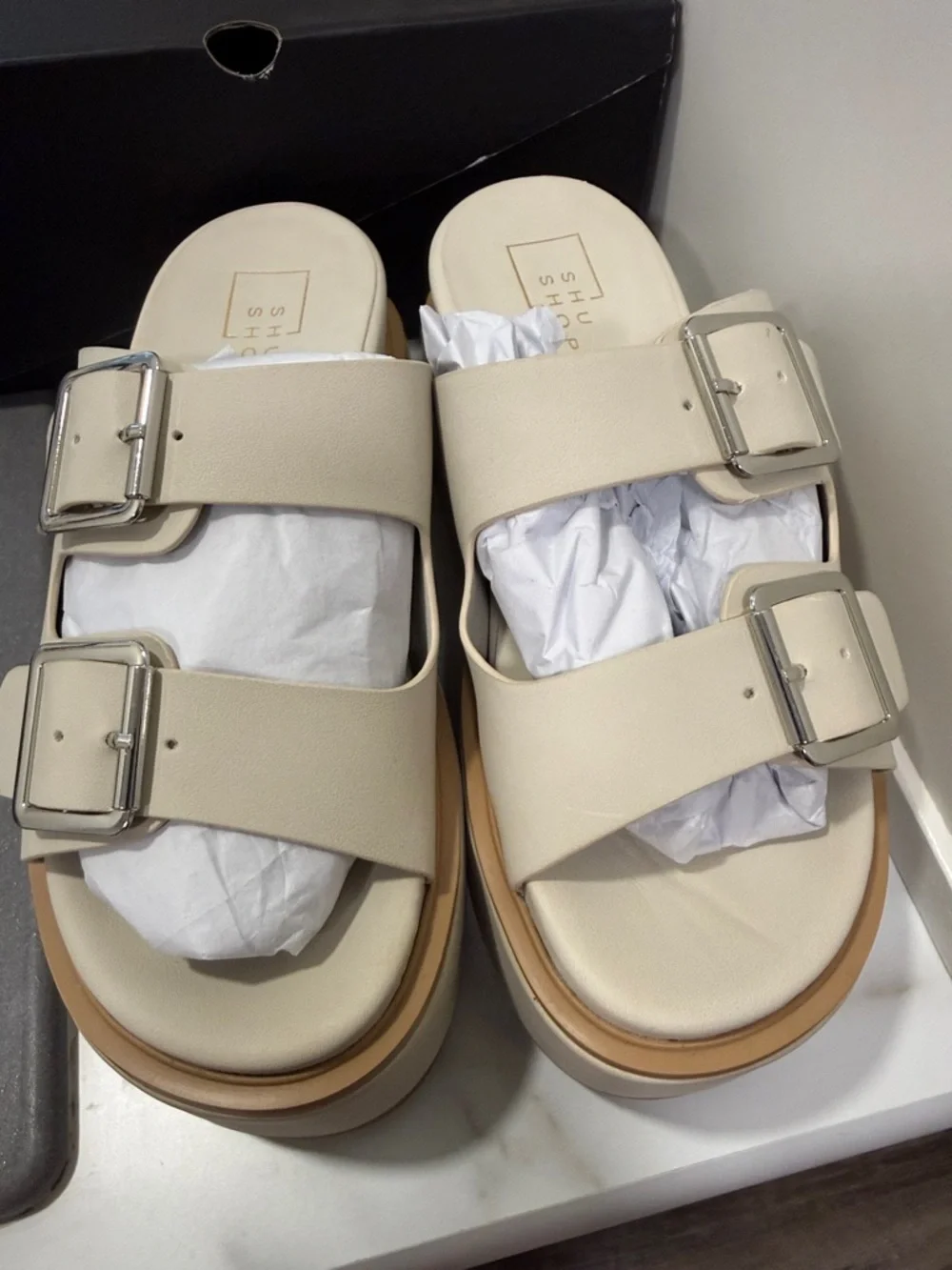 NWT SHUSHOP Lucinda Platform Slide Stone Sandal women’s size 7.5 - Picture 6 of 8